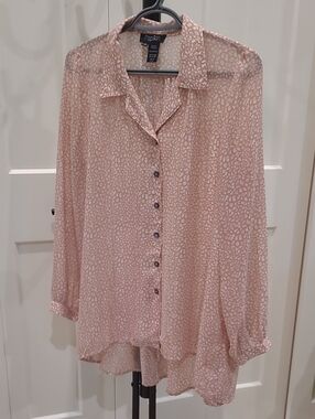 Papillon Blanc Blush Pink Sheer Animal-Print Button Down Top